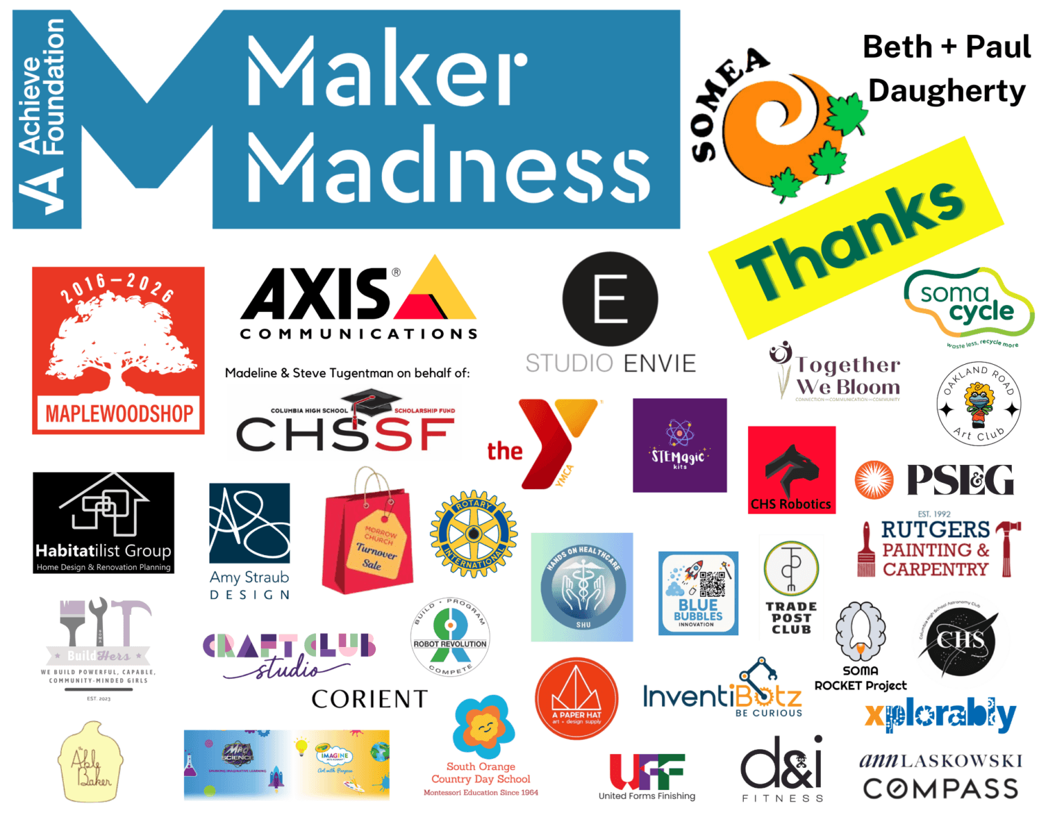 The Maker Madness sponsor board listing the event’s supporters
